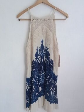 Cream Dress with Blue Lace Print Halter Neck